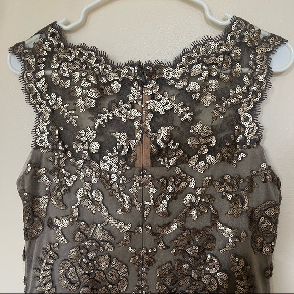 Tadashi Shoji gray lace illusion high neck cocktail dress gold sequins size 10 - Picture 5 of 11